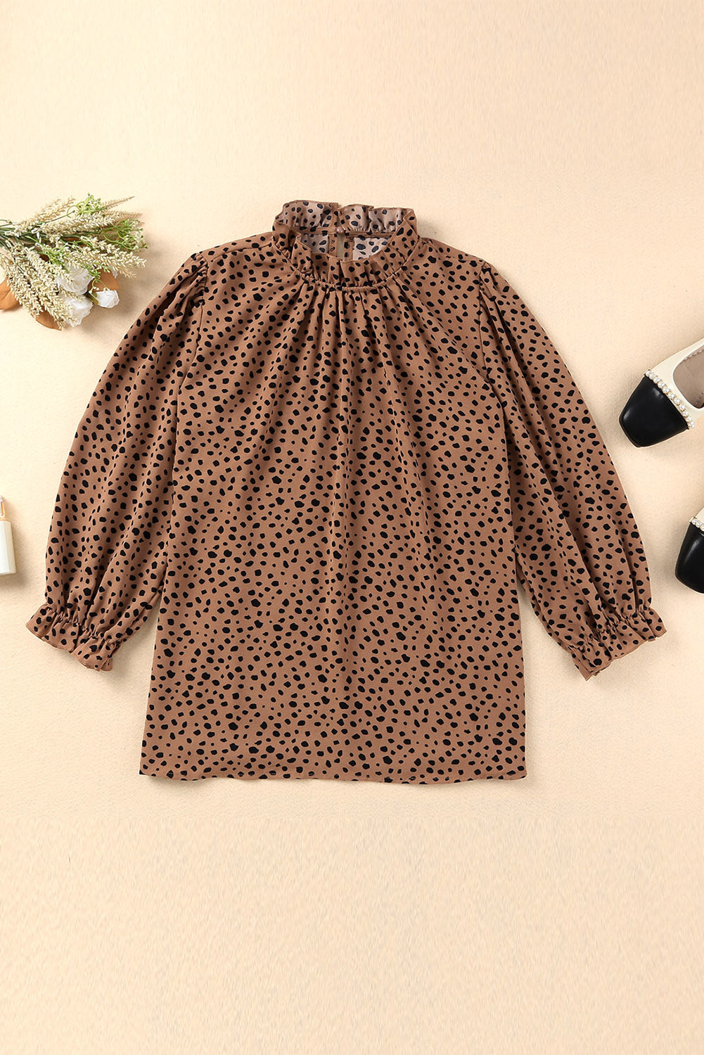 Khaki Leopard 3/4 Ruffle Sleeve Frill Neck Blouse