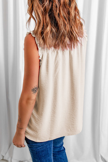 White Smocked Button Front V Neck Sleeveless Shirt