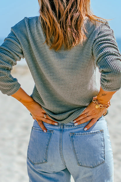 Khaki Waffle Knit Casual Drop Shoulder Long Sleeve Top