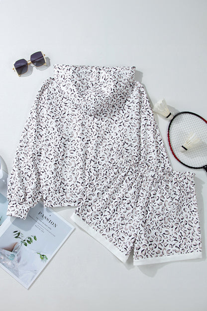 White Leopard Print Hoodie and Shorts Set