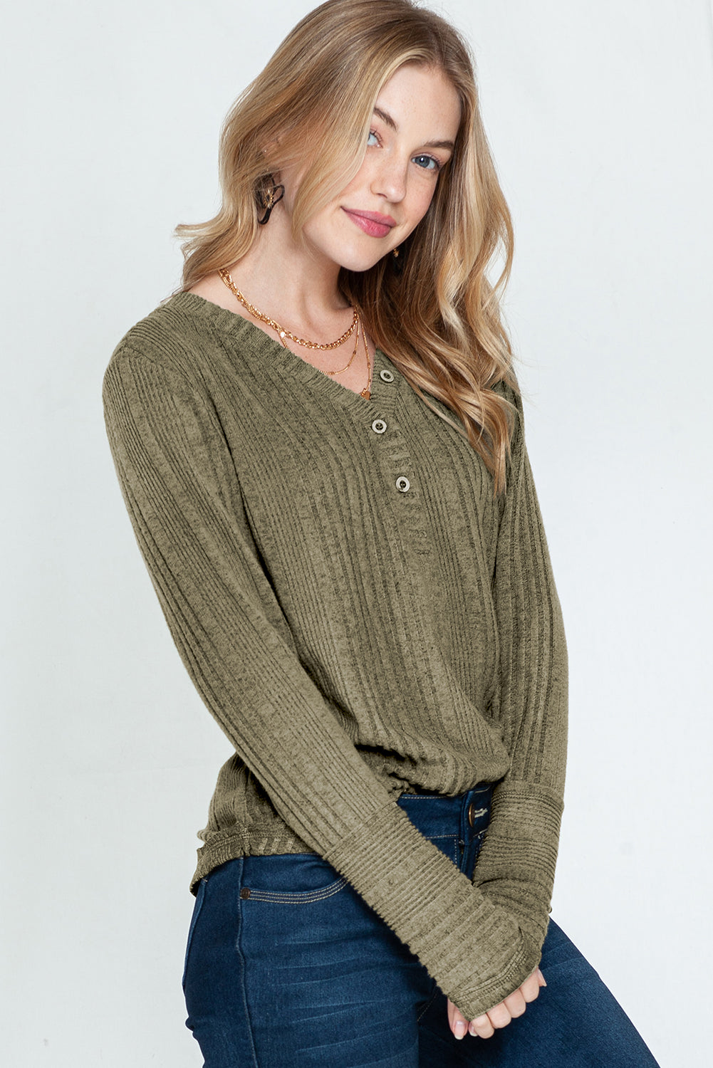 Pickle Green V Neck Buttoned Ribbed Knit Top