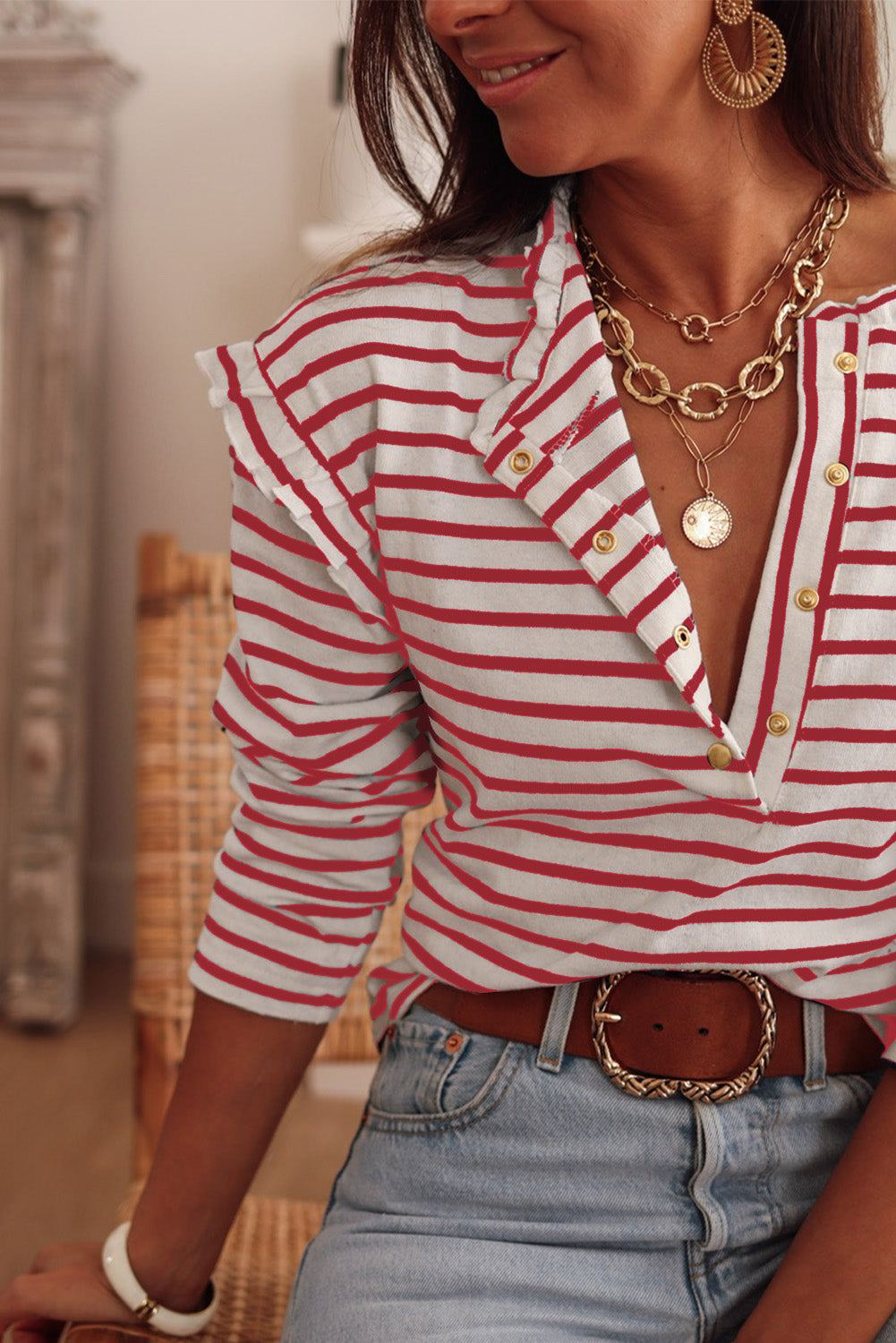 Red Striped Snap Button Frill Neck Long Sleeve Henley Shirt