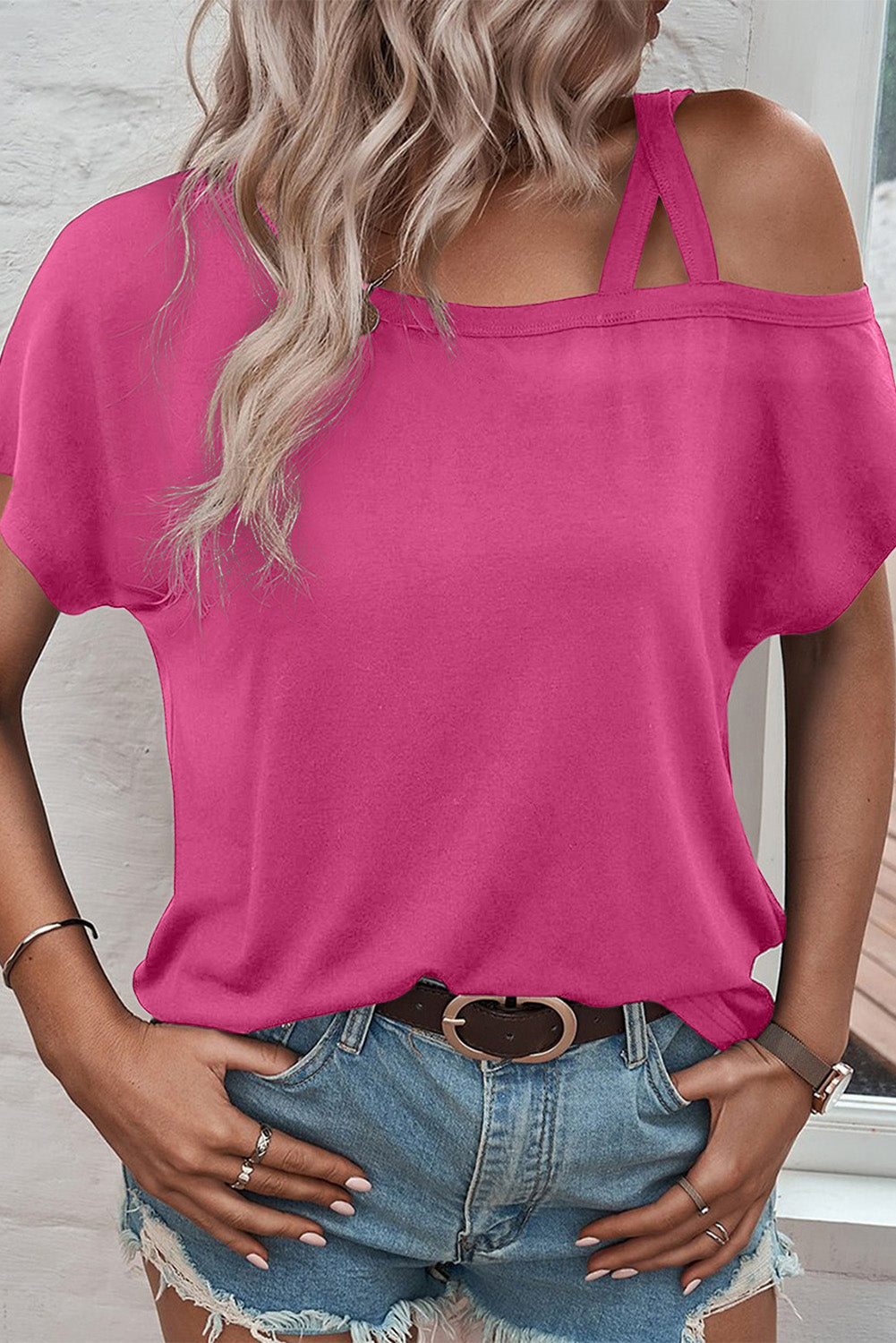 Black Asymmetric Criss Cross Cold Shoulder T Shirt