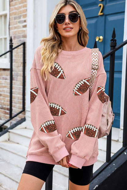 Pink Sequin Rugby Corded Oversized Graphic Sweatshirt