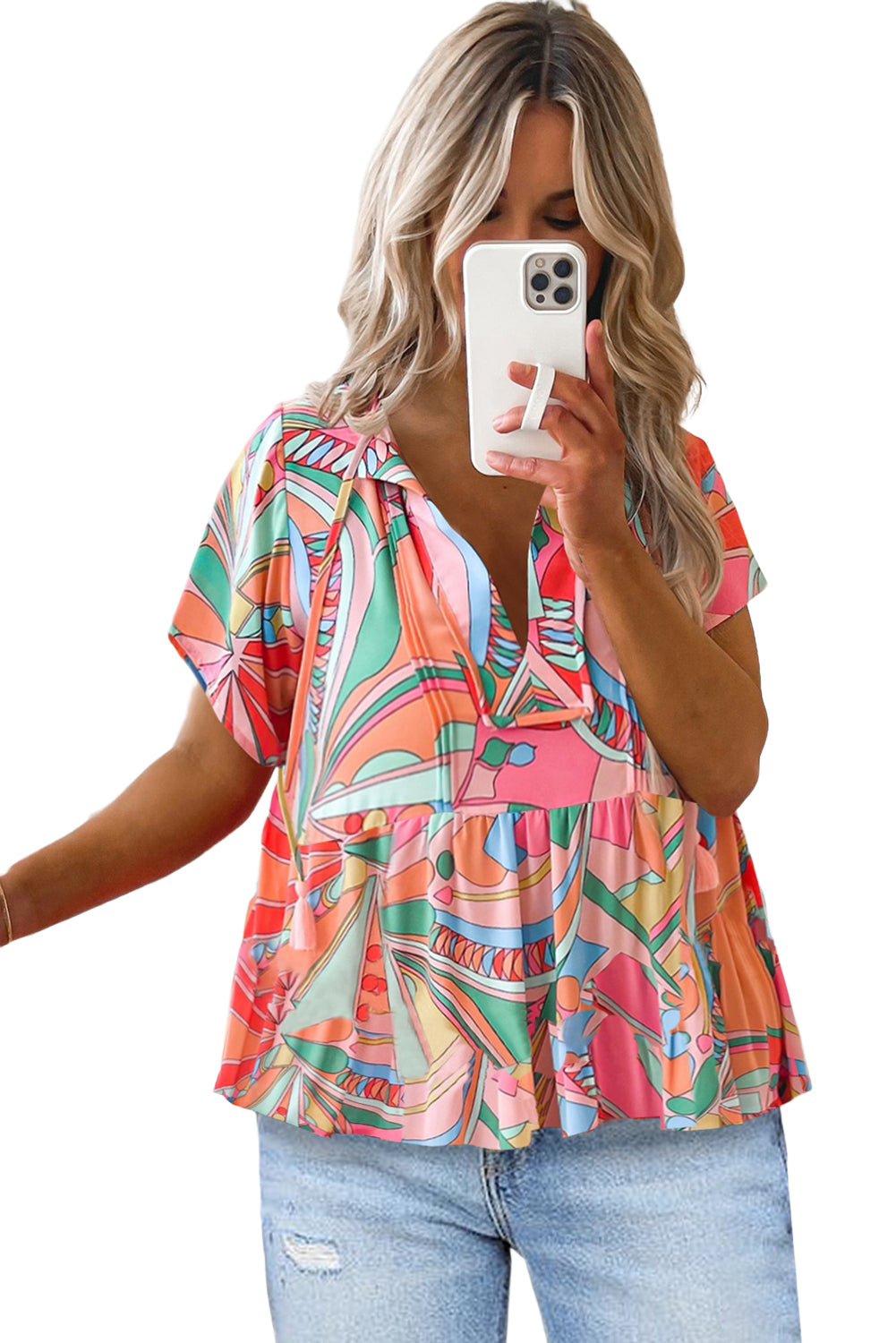 Multicolor Boho Abstract Pattern Split V Neck Flowy Top