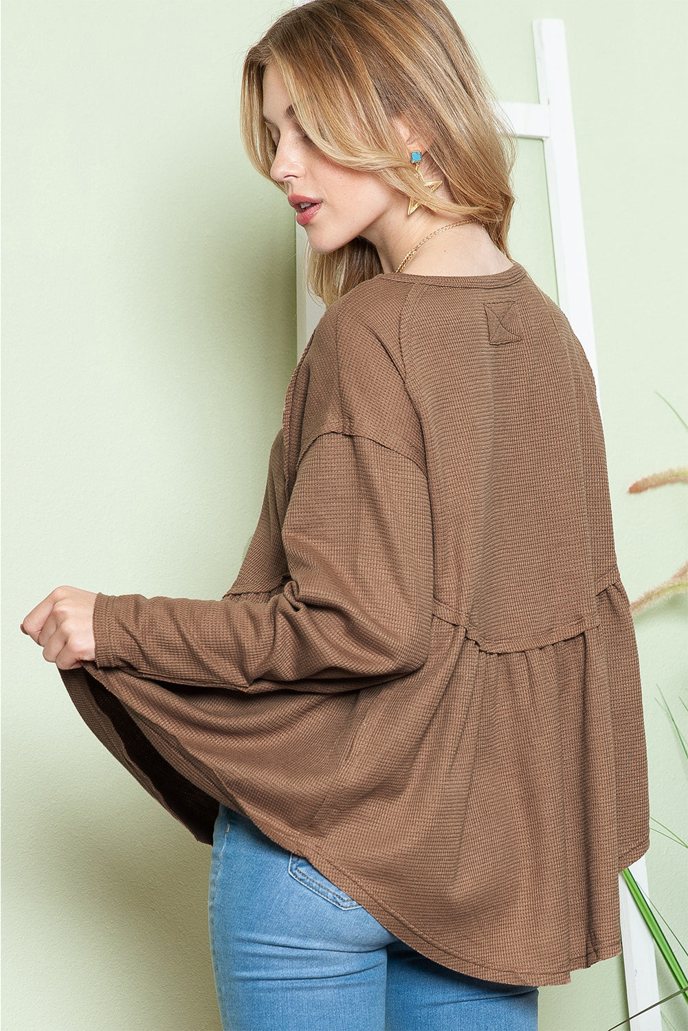 Brown Textured Exposed Seam Pullover Long Sleeve Top