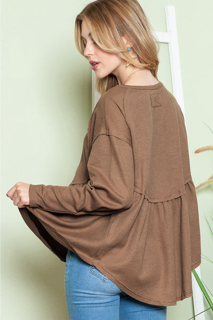 Brown Textured Exposed Seam Pullover Long Sleeve Top