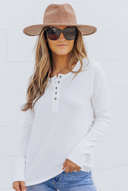 White Casual Waffle Button Front Knit Henley Top