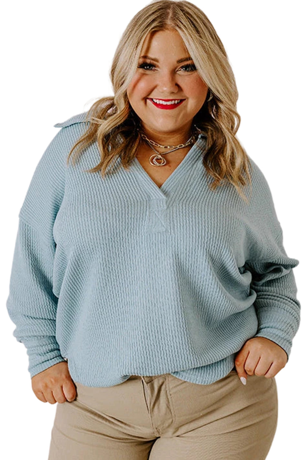 Beau Blue Textured Turn-down V Neck Drop Shoulder Plus Size Top