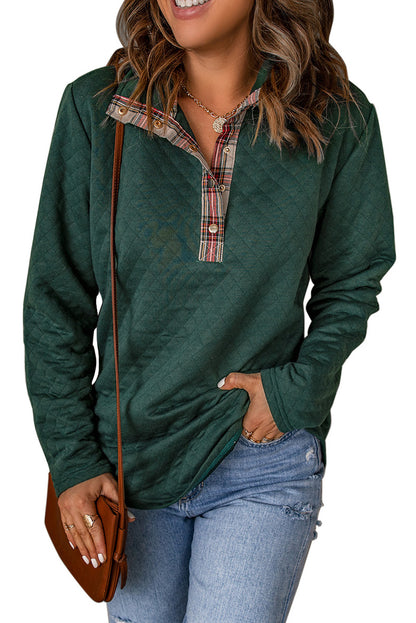 Green Plaid Geometric Texture Trim Buttons Neck Quilted Sweatshirt