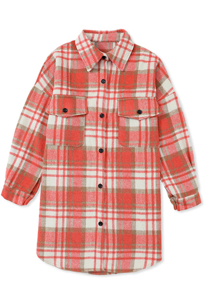 Red Plaid Flap Pocket Long Sleeve Oversized Shacket