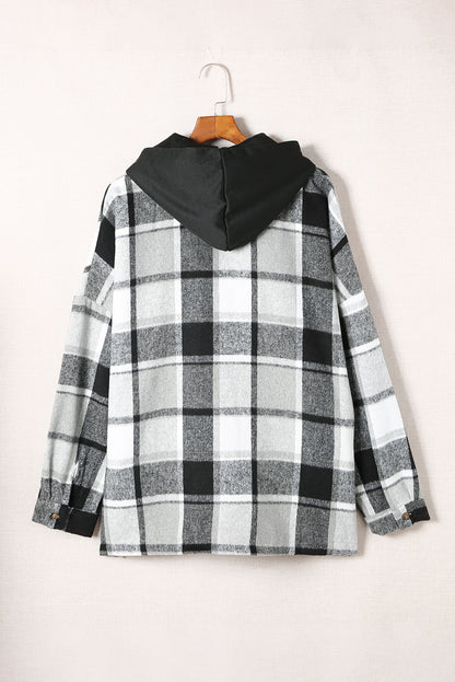 Gray Plaid Button Front Drop Sleeve Hooded Shacket