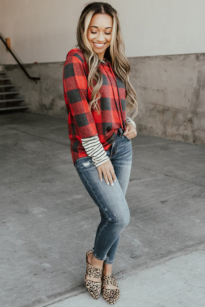 Red Plaid & Striped Patchwork Drawstring Hoodie