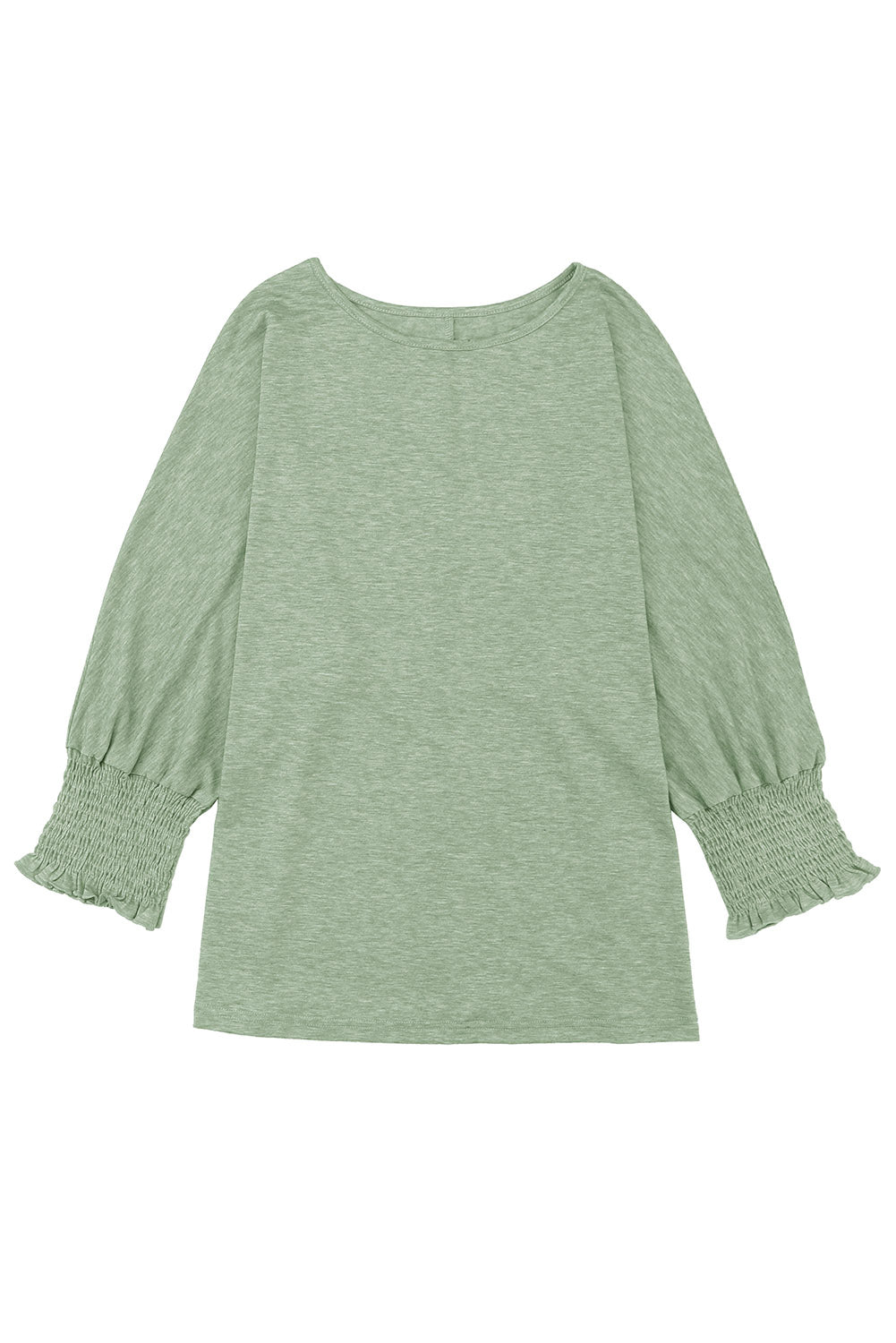 Green Plain Smocked Sleeve Casual Loose T Shirt