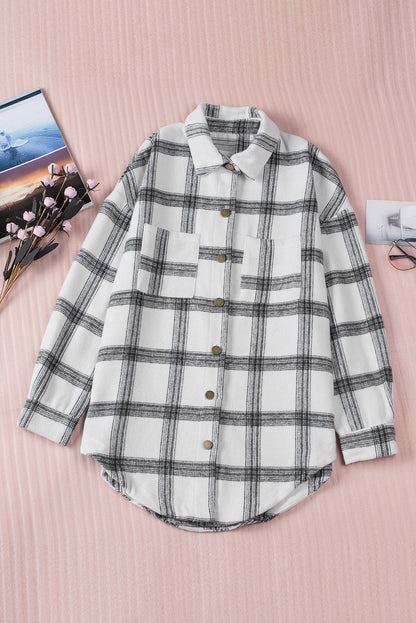 Pink Plaid Casual Button Up Shirt Shacket with Slits