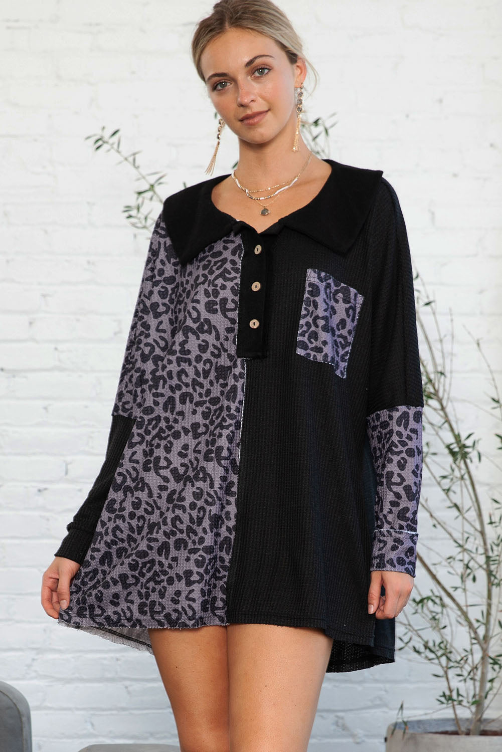 Black Waffle Knit Leopard Block Henley