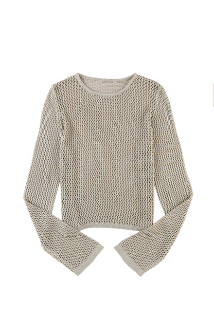 Khaki Solid Hollow-out Knit Long Sleeve Top