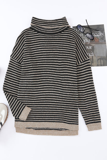 Gray Striped Turtleneck Oversized Sweater