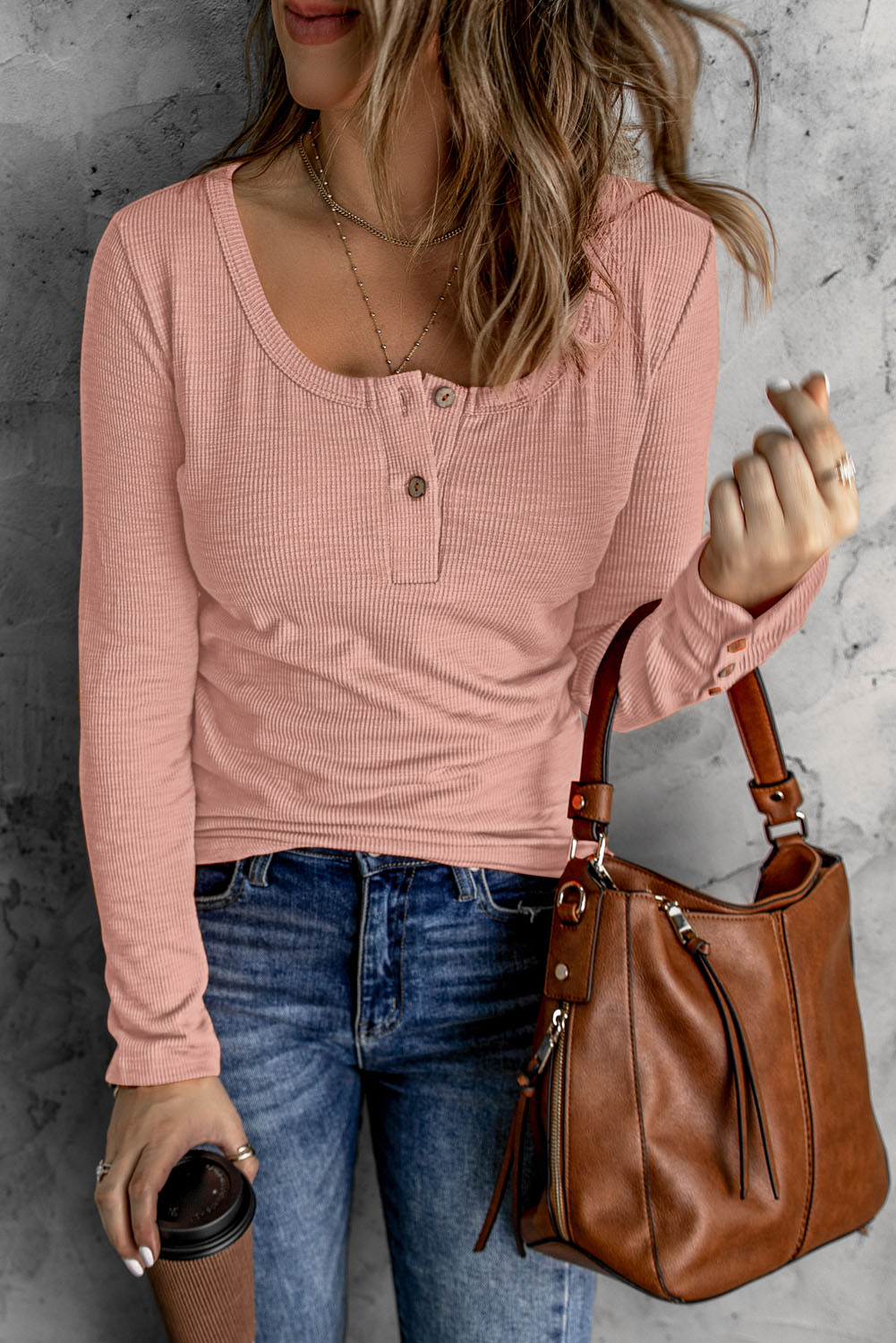 Burgundy Waffle Knit Scoop Neck Henley