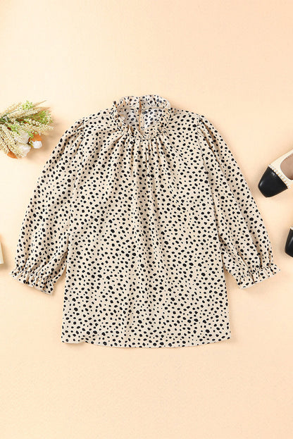 Khaki Leopard 3/4 Ruffle Sleeve Frill Neck Blouse