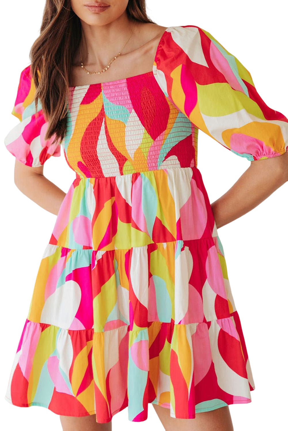 Multicolor Geometric Print Smocked Babydoll Short Dress