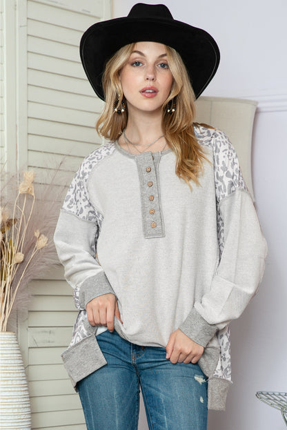 Grey Leopard Print Raglan Sleeve Casual Henley Sweatshirt