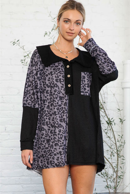 Black Waffle Knit Leopard Block Henley