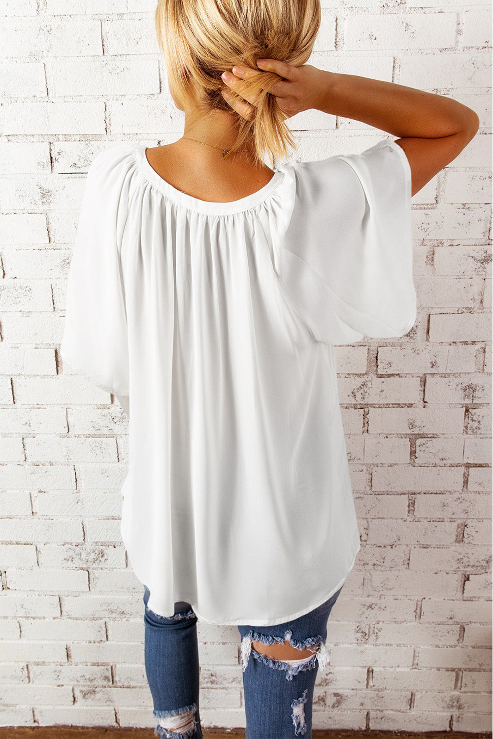 Green Casual Split Neck Pleated Loose Blouse