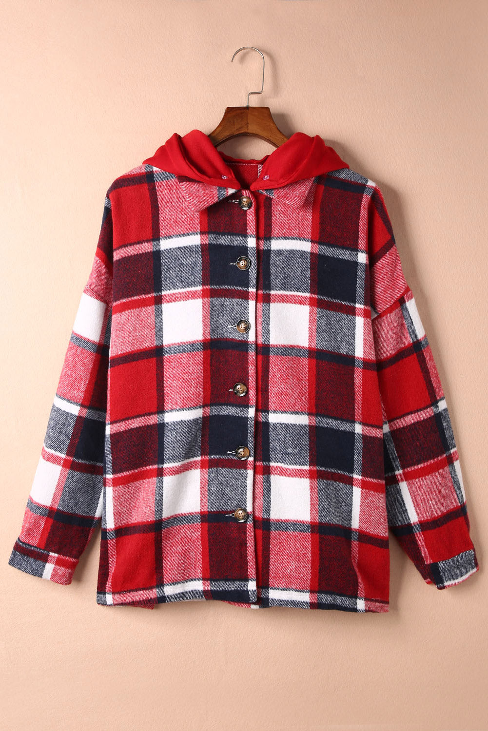 Gray Plaid Button Front Drop Sleeve Hooded Shacket