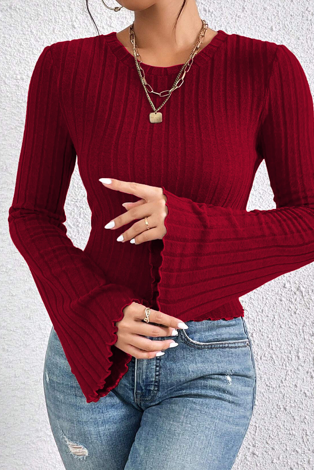 Red Dahlia Elegant Flared Sleeve Fit Knit Top