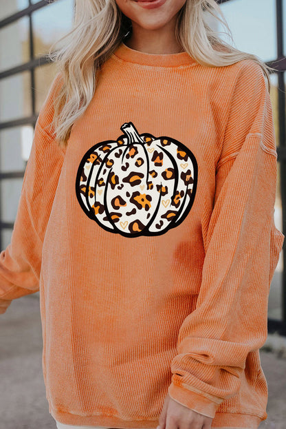 Orange Leopard Pumpkin Graphic Corded Sweatshirt