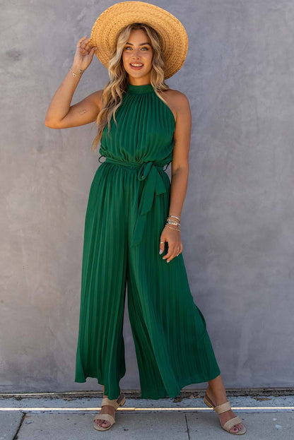 Black Elegant Halter Neck Belted Wide Leg Jumpsuit