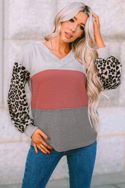 Leopard Print Color Block Waffle Knit Top