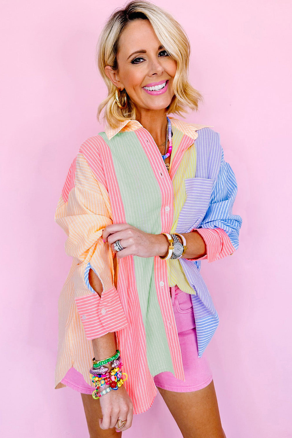 Pink Stripe Color Block Buttoned Oversized Shirt