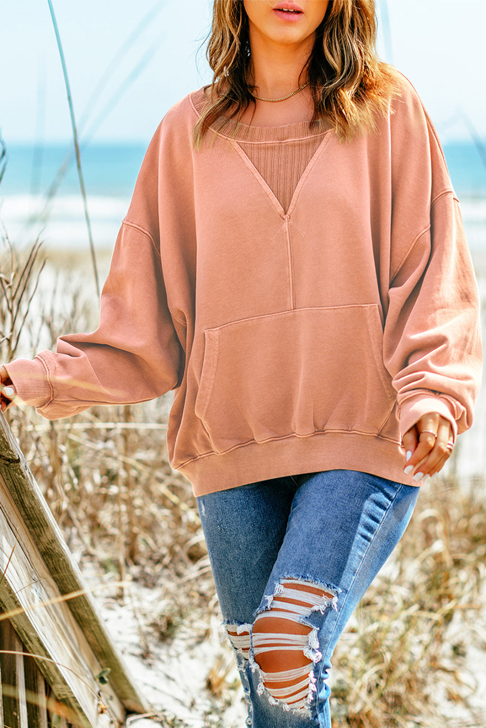 Apricot Basic Kangaroo Pocket Pullover Sweatshirt