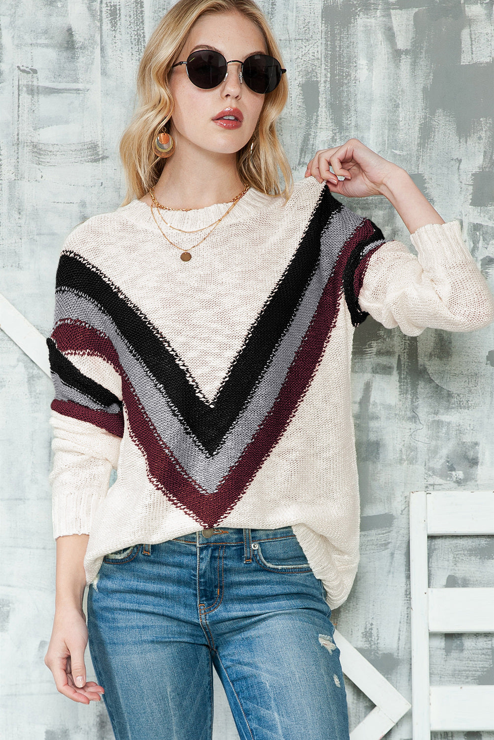 Chevron Striped Drop Shoulder Sweater