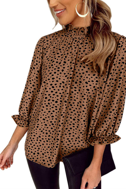 Khaki Leopard 3/4 Ruffle Sleeve Frill Neck Blouse