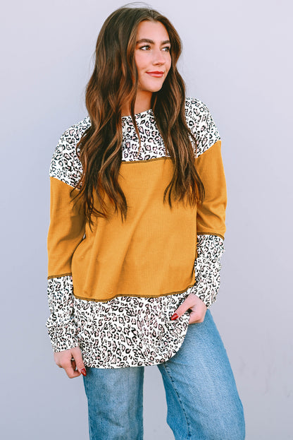 Light Pink Leopard Print Waffle Knit Patchwork Top