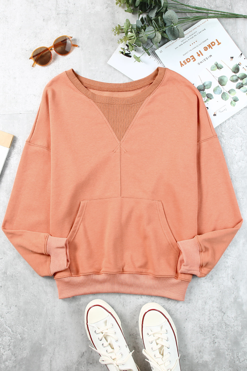 Apricot Basic Kangaroo Pocket Pullover Sweatshirt