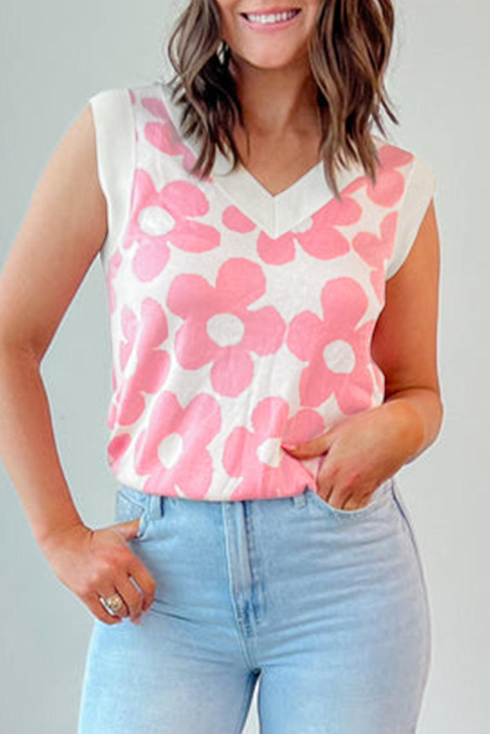 Pink Floral V-Neck Contrast Trim Knitted Vest