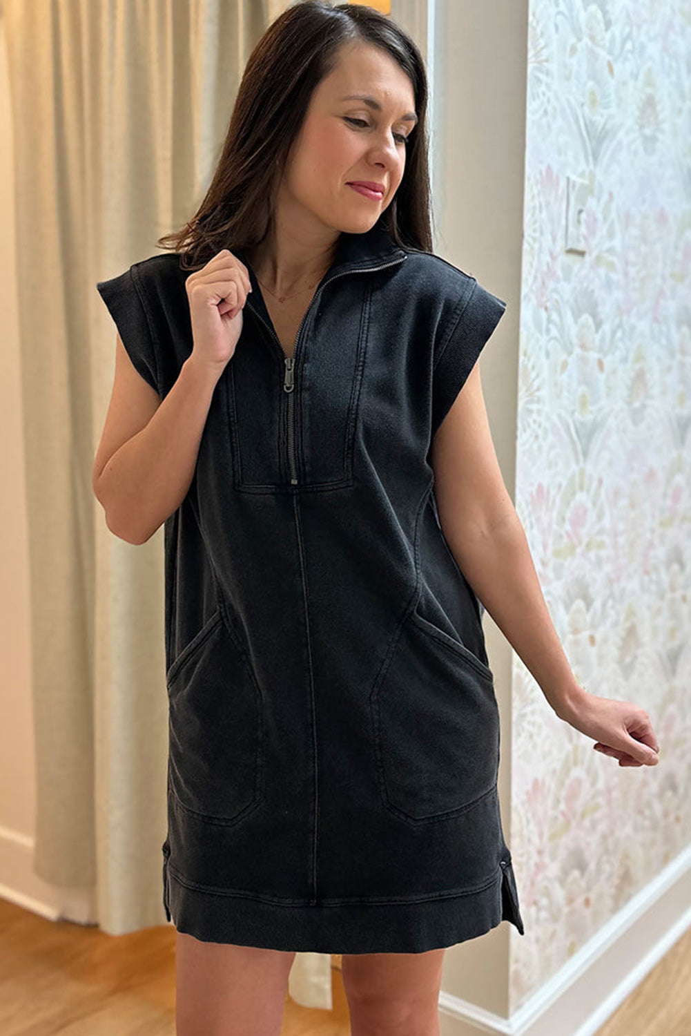 Black Zip Collar Sweatshirt Dress