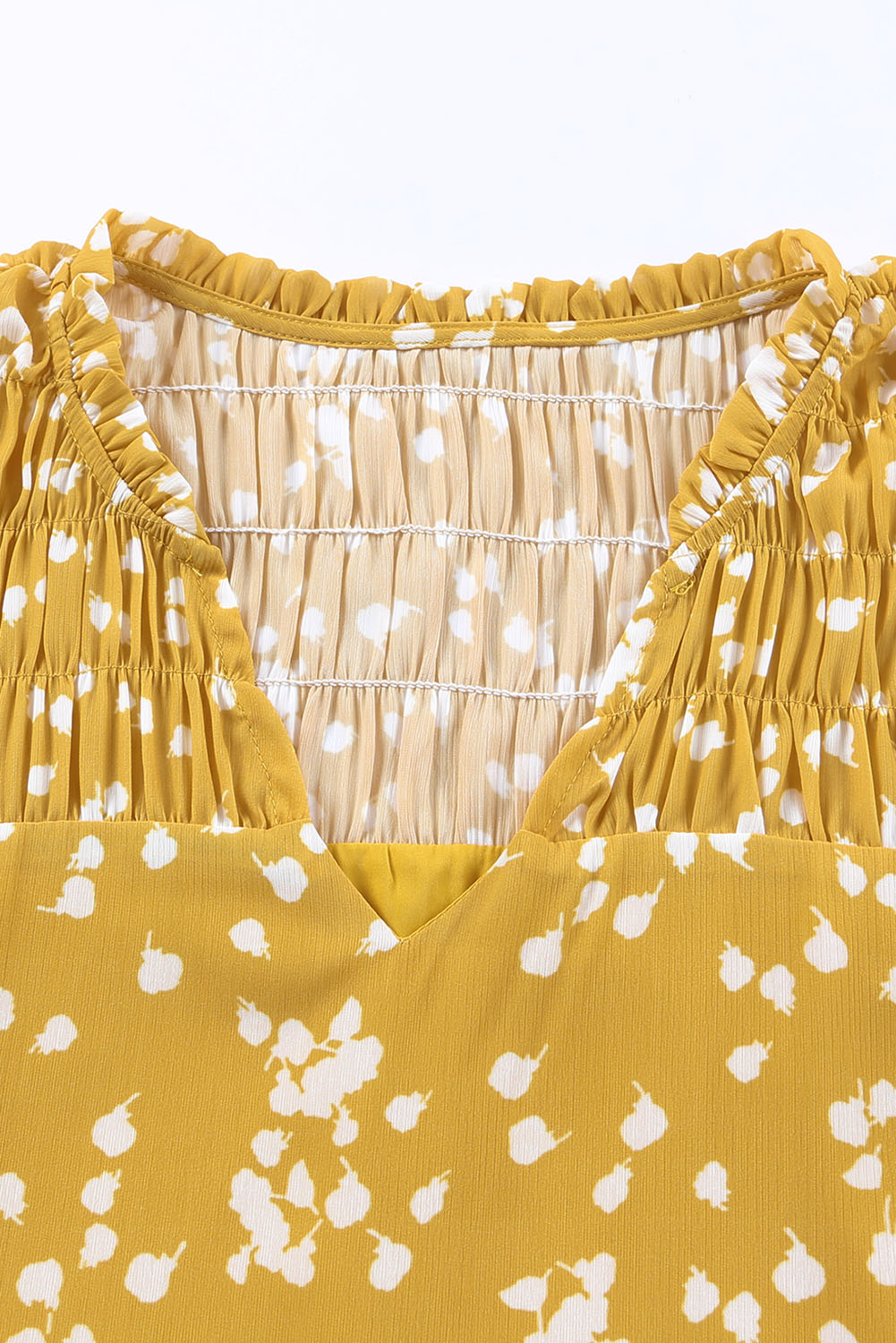 Yellow Frill Split V Neck Boho Crinkled Blouse