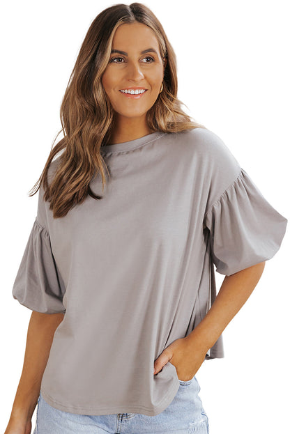 Gray Solid Color Casual Bubble Sleeve Blouse