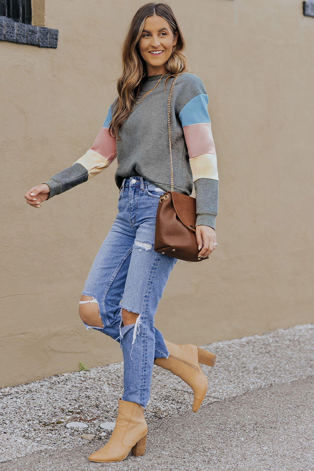 Grey Casual Color Block Drop Sleeve Sweatshirt