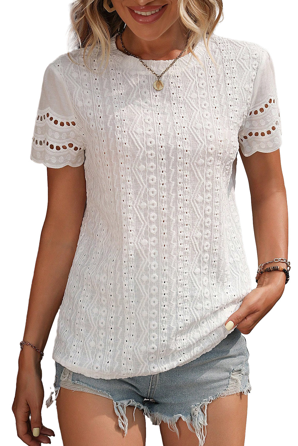 White Eyelet Embroidery Scallop Short Sleeve Blouse