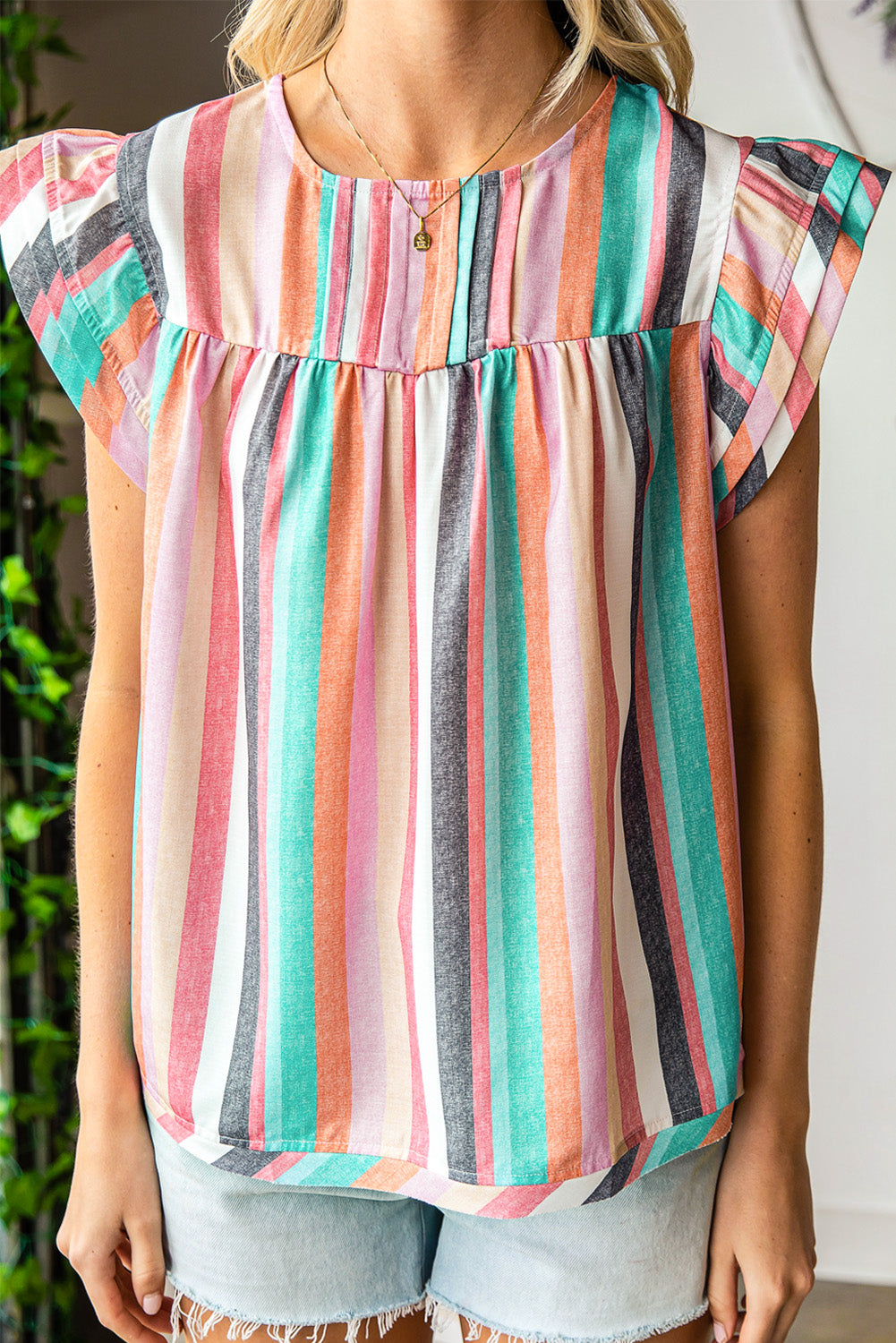 Multicolor Striped Back Button Keyhole Layered Sleeve Blouse