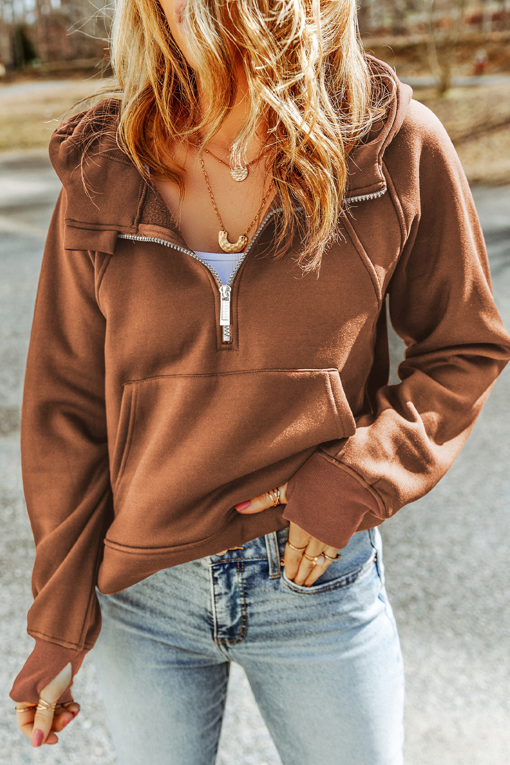 Pink Thumbhole Raglan Sleeve Half Zip Pullover Hoodie