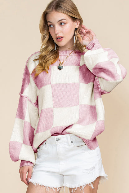 Pink Checked Bishop Sleeve Pullover Sweater