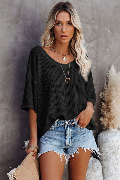 Black Waffle Knit Casual Drop Shoulder Loose Top