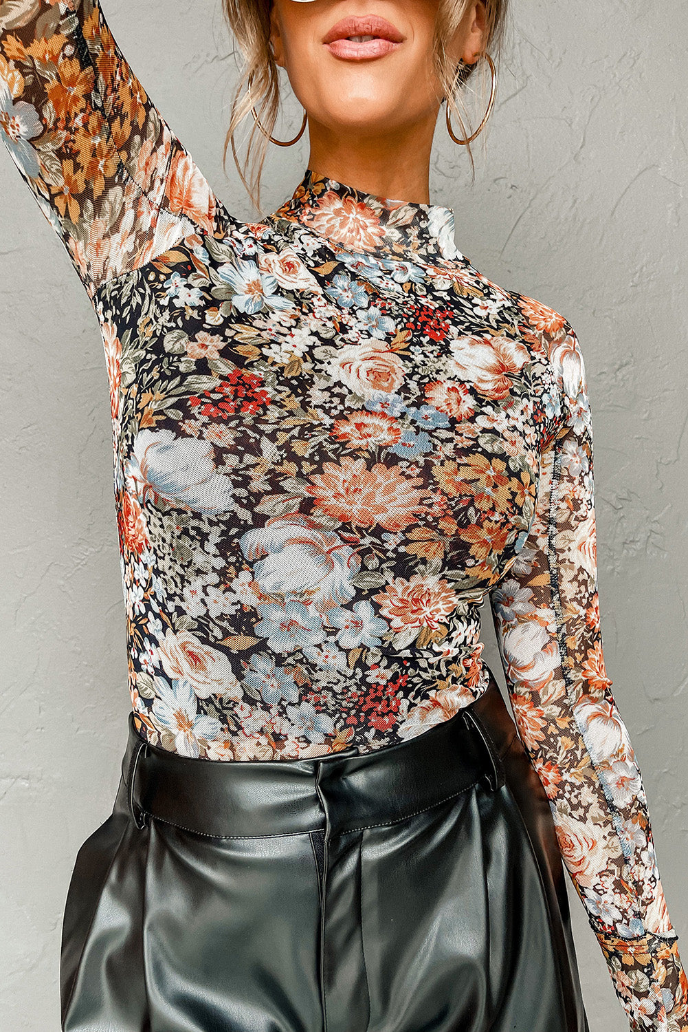 Brown Floral Print Mesh Mock Neck Slim Top